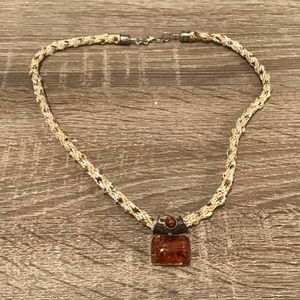 Vintage Sterling Silver & Amber Pendant Woven Necklace with Hook Clasp 21" Long